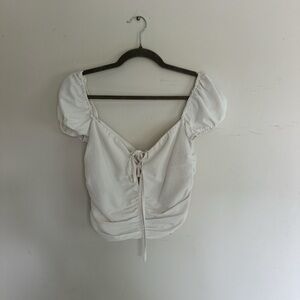 Tiger Mist White Puff Sleeve Crop Top with Tie Front
